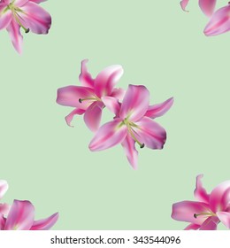 Seamless pattern with lilies on green background. Vector illustration.
