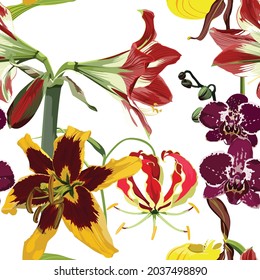 Seamless pattern with lilies, orchids and other wild tropical flowers. White background.