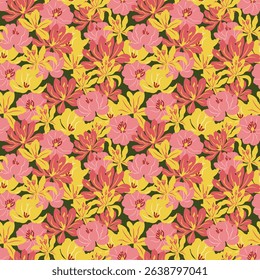Seamless pattern with lilies and peonies. Blooming large flowers and leaves. Colourful vintage vector illustration. For textile, paper, design.