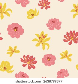 Seamless pattern with lilies and peonies. Blooming flowers. Colourful vintage vector illustration. For textile, paper, design.