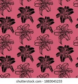 Seamless pattern of lilies, pink, doodle style, flowers, wallpaper, gift paper, print, fabric, for clothes, greeting, congratulations, anniversary, typography, bloom, botanical, floral, plant, lily
