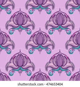 Seamless pattern with lilies in rose colors. Can be used for backgrounds, business style, prints on clothes, cards design or else. Vector illustration.
