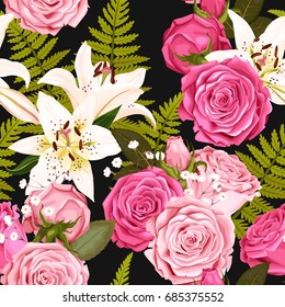Seamless pattern with lilies and roses