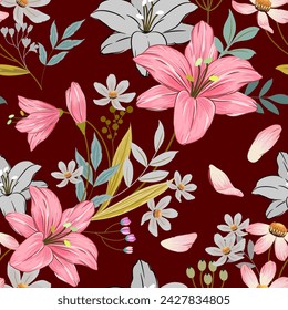 Patrón inconsútil de lirios Flores rosadas dulces del cosmos Sobre un fondo rojo oscuro
Para la tela y el papel pintado Natural Spring Flower Gift Wrapping Paper