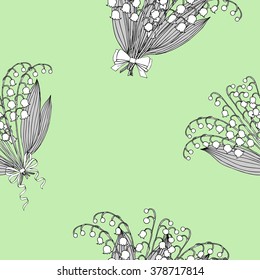 Seamless pattern with lilies of the valley. Hand drawn spring sketches flowers. Vector Illustration