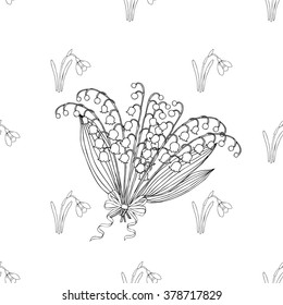 Seamless pattern with lilies of the valley. Hand drawn spring sketches flowers. Vector Illustration