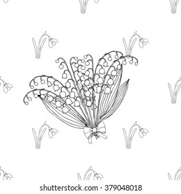 Seamless pattern with lilies of the valley. Hand drawn spring sketches flowers. Vector Illustration