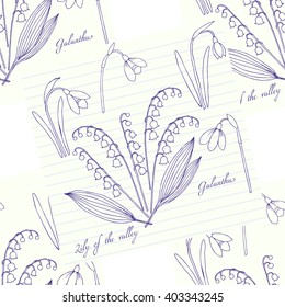 Seamless pattern with lilies of the valley. Hand drawn spring sketches flowers. Vector Illustration