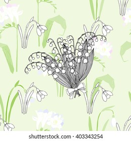 Seamless pattern with lilies of the valley. Hand drawn spring sketches flowers. Vector Illustration
