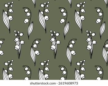 Seamless pattern with lilies of the valley on a green background. Vector background with lily of the valley flowers and leaves. Linear Hand drawn. For print, designs, branding, packaging, wallpaper