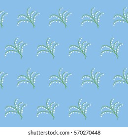 Seamless pattern with lilies of the valley on a blue background. It can be used for packing of gifts, tiles fabrics backgrounds. Sample for the websites. Vector illustration.