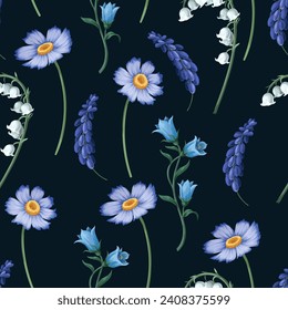 Seamless pattern with lilies of the valley and other flowers. Vector