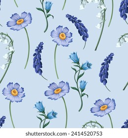 Seamless pattern with lilies of the valley and other flowers. Vector