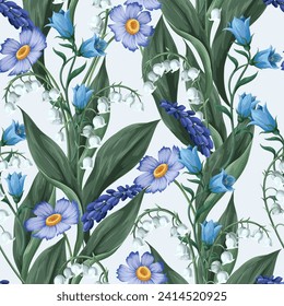 Seamless pattern with lilies of the valley and other flowers. Vector