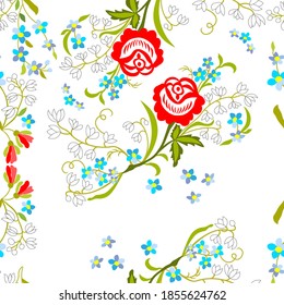 Seamless pattern lilies of the valley, roses, blue wildflowers, buttercups, stylized, hand drawn,  on a white background for wallpaper, for cover, for fabric, for  wrapping paper, for printing