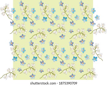 Seamless pattern lilies of the valley white, blue wildflowers on a yellow background, turquoise buttercups, stylized, hand drawn, cover, for fabric,for wrapping paper,for printing,for wallpaper