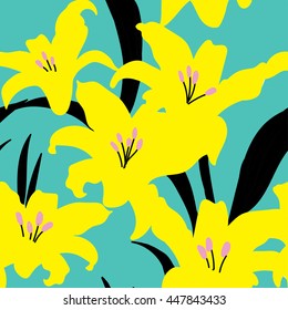 
Seamless pattern with lilies . Vector freehand drawing . Tropical plants and flowers.