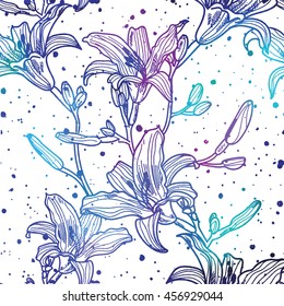 Seamless pattern with lilies . Vector freehand drawing . Tropical plants and flowers. 
Texture watercolor paint.