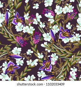 Seamless pattern with lilies and wild flowers. Vector illustration.