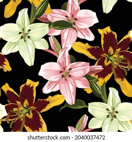 Seamless pattern with lilies wild flowers. Black background.