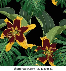 Seamless pattern with lilies wild flowers and tropical monstera leaves. Black background.