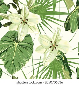 Seamless pattern with lilies wild flowers and tropical palm leaves. White background.