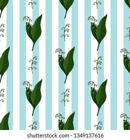 Seamless pattern with lilies-of-the-valley. Endless pattern with flowers on light blue and white striped background