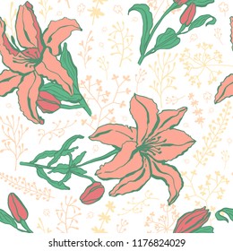 Seamless pattern with lilium, ylang flowers. Colorful vector illustration. Print for home textile and clothes, fabric, textile