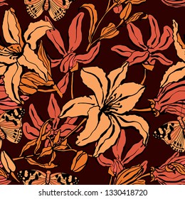 Seamless pattern with lilium, ylang flowers. Colorful vector illustration. Print for home textile and clothes, fabric, textile