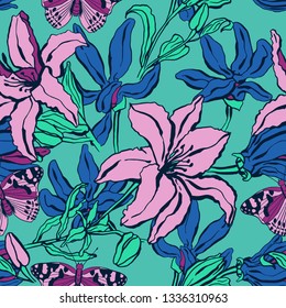 Seamless pattern with lilium, ylang flowers. Colorful vector illustration. Print for home textile and clothes, fabric, textile