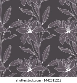 Seamless pattern with lilium, ylang flowers. Colorful vector illustration. Print for home textile and clothes, fabric, textile