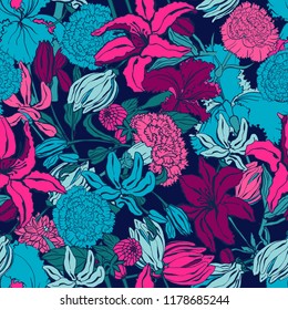 Seamless pattern with lilium, ylang, roses, carnation flowers. Colorful vector illustration. Print for home textile and clothes, fabric, textile