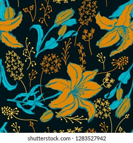 Seamless pattern with lilium, ylang, roses, carnation flowers. Colorful vector illustration. Print for home textile and clothes, fabric, textile - Vector