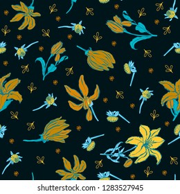 Seamless pattern with lilium, ylang, roses, carnation flowers. Colorful vector illustration. Print for home textile and clothes, fabric, textile - Vector
