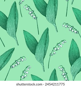 Seamless pattern with lilly of the valley flowers. Vector illustration in retro etching style.