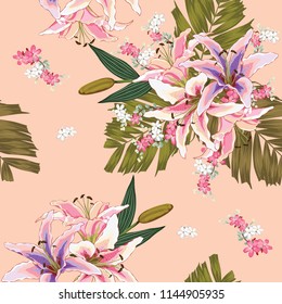 Seamless pattern Lilly,wild flowers,Green palm leaves on pink pastel background.Vector illustration hand drawing.For used wallpaper design,textile fabric or wrapping paper