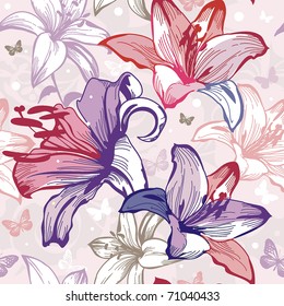 Seamless pattern with lily and butterflies on white background, vector illustration