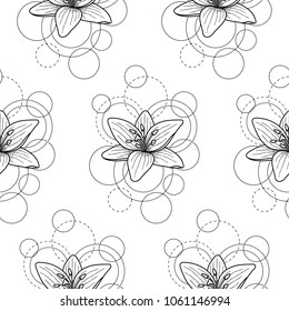 Seamless pattern with lily and circles on white background