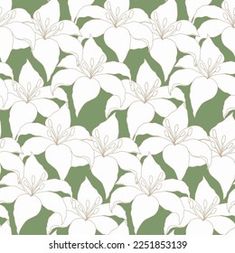 Seamless pattern. Lily flower hand drawing, green background