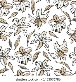 Seamless pattern with lily flower on a white background. Handmade. Vector. Print for bed linens, fabric, textiles, wallpaper, greeting cards, wrapping paper,gift box