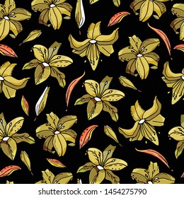 Seamless pattern with lily flower on a black background. Handmade. Vector. Print for bed linens, fabric, textiles, wallpaper, greeting cards, wrapping paper,gift box