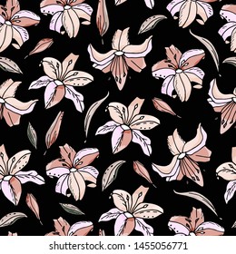Seamless pattern with lily flower on a black background. Handmade. Vector. Print for bed linens, fabric, textiles, wallpaper, greeting cards, wrapping paper,gift box