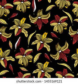 Seamless pattern with lily flower on a black background. Handmade. Vector. Print for bed linens, fabric, textiles, wallpaper, greeting cards, wrapping paper,gift box
