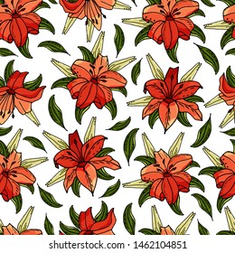 Seamless pattern with lily flower on a white textured background. Handmade. Vector. Print for bed linens, fabric, textiles, wallpaper, greeting cards, wrapping paper,gift box