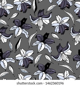 Seamless pattern with lily flower on a white textured background. Handmade. Vector. Print for bed linens, fabric, textiles, wallpaper, greeting cards, wrapping paper,gift box
