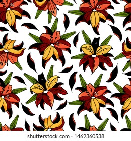 Seamless pattern with lily flower on a white textured background. Handmade. Vector. Print for bed linens, fabric, textiles, wallpaper, greeting cards, wrapping paper,gift box