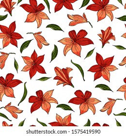  Seamless pattern with lily flower on a white textured background. Handmade. Vector. Print for bed linens, fabric, textiles, wallpaper, greeting cards, wrapping paper,gift box
