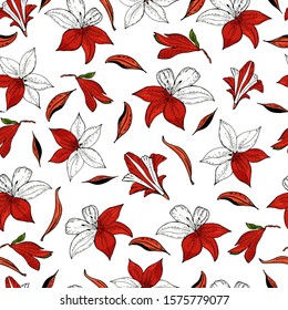  Seamless pattern with lily flower on a white textured background. Handmade. Vector. Print for bed linens, fabric, textiles, wallpaper, greeting cards, wrapping paper,gift box
