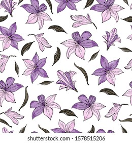  Seamless pattern with lily flower on a white textured background. Handmade. Vector. Print for bed linens, fabric, textiles, wallpaper, greeting cards, wrapping paper,gift box
