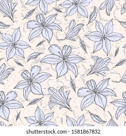 Seamless pattern with lily flower on a  textured background. Handmade. Vector. Print for bed linens, fabric, textiles, wallpaper, greeting cards, wrapping paper,gift box
